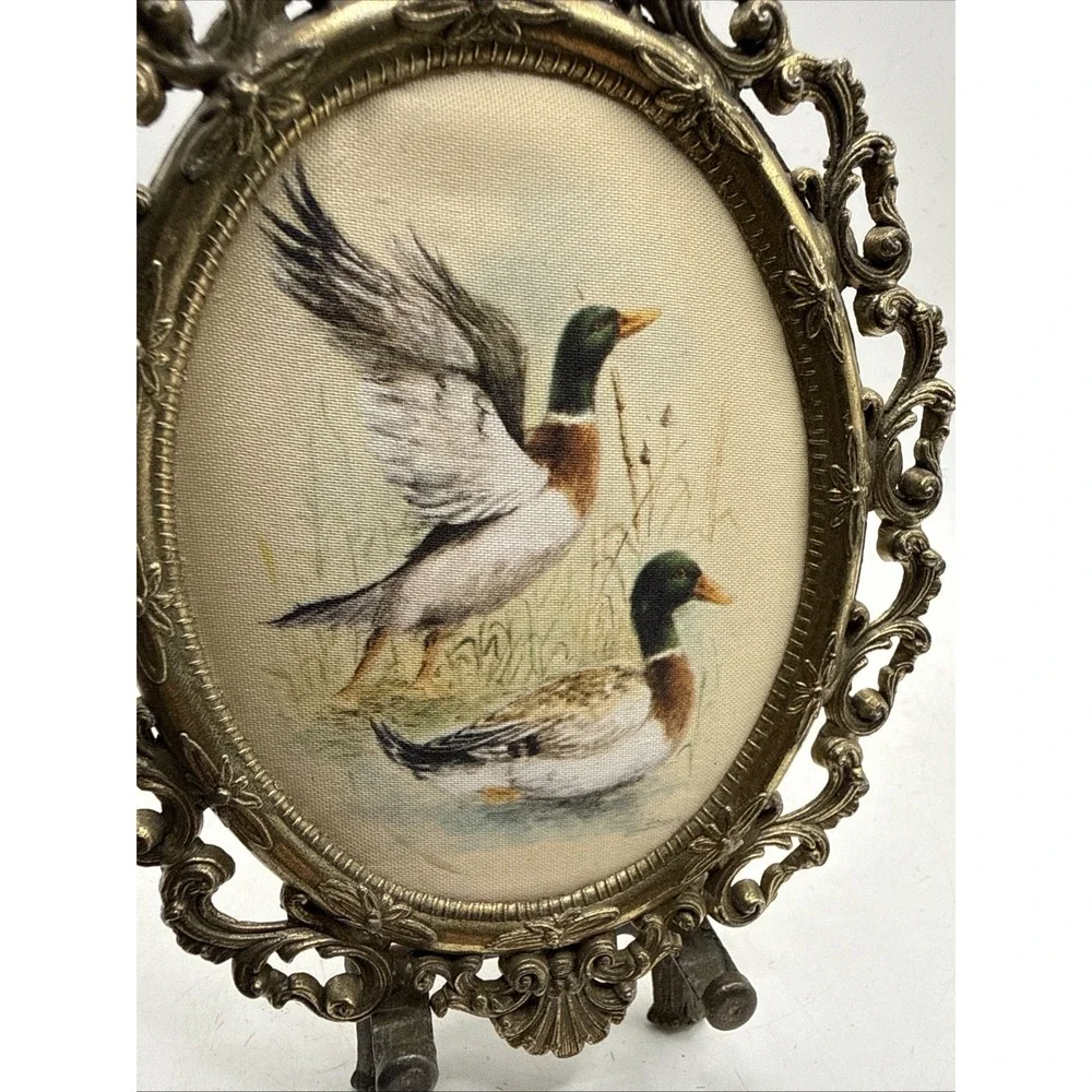 Vintage Quilt Duck Picture On Stand Ornate Oval Gold Metal Picture Made Italy